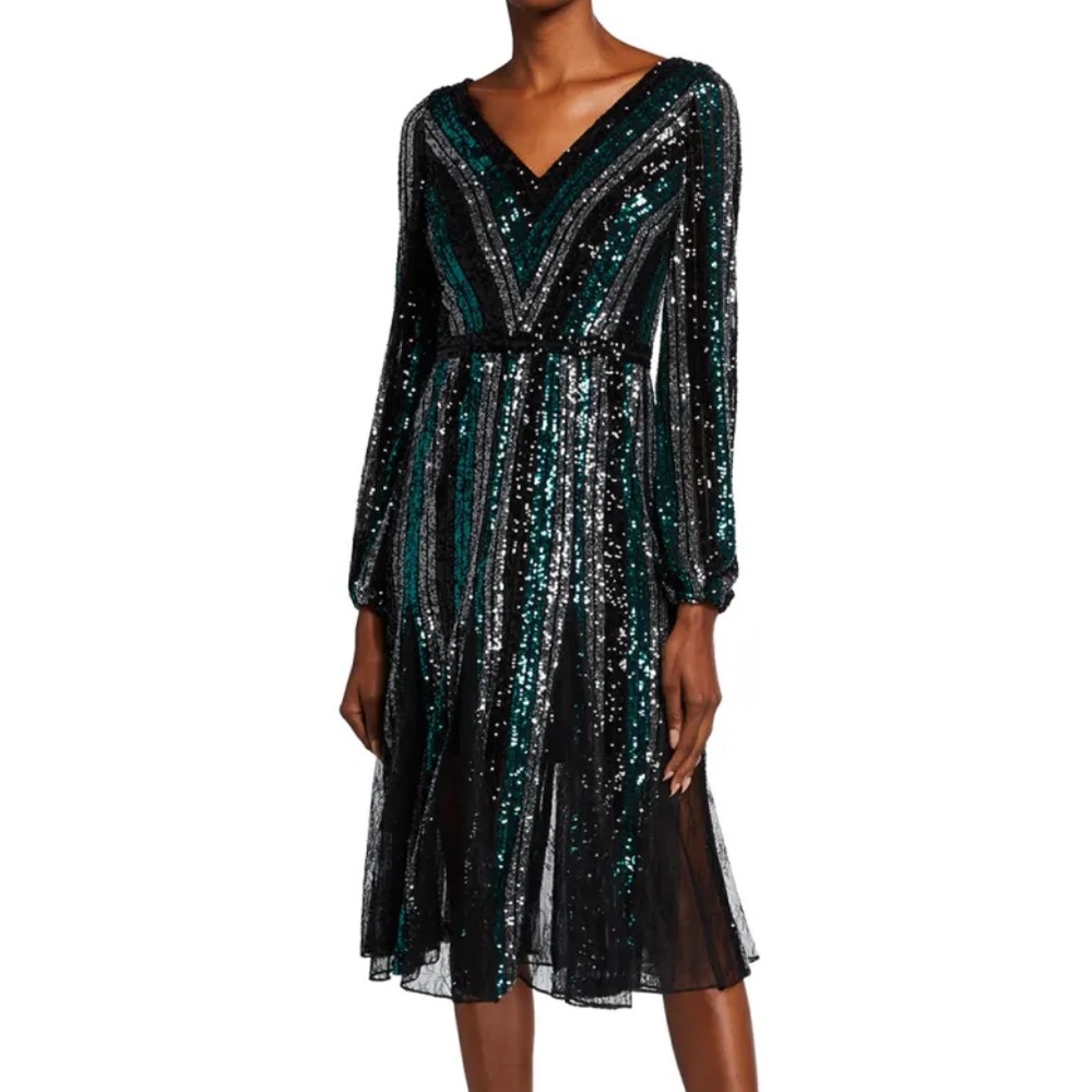Marchesa Notte Sequin Lace Black Green Silver Dress - Picture 7 of 7